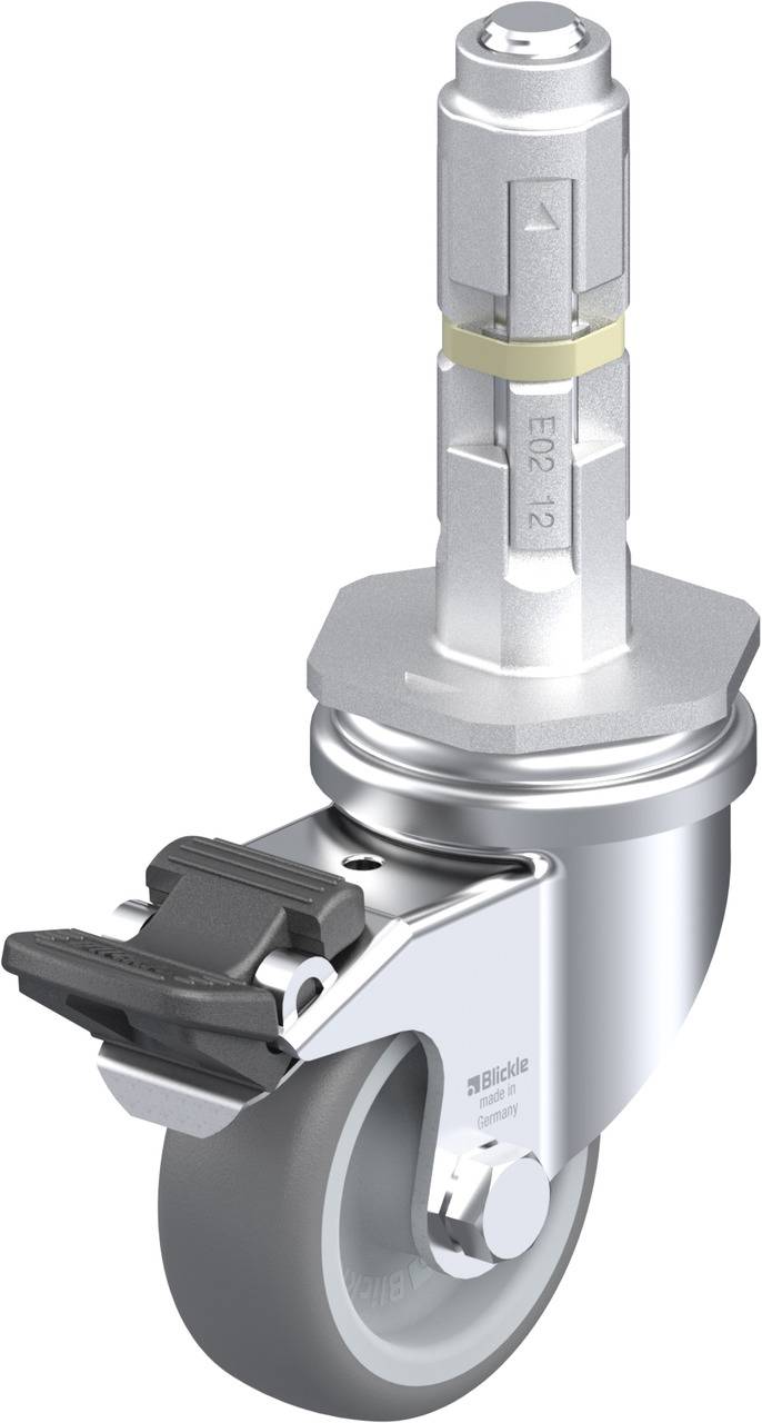 Lenkrolle mit Bremse und Metallhülse, ideal für Möbel oder Transportgeräte. Hülse ist sechseckig mit Pfeil und EC12-Markierung.