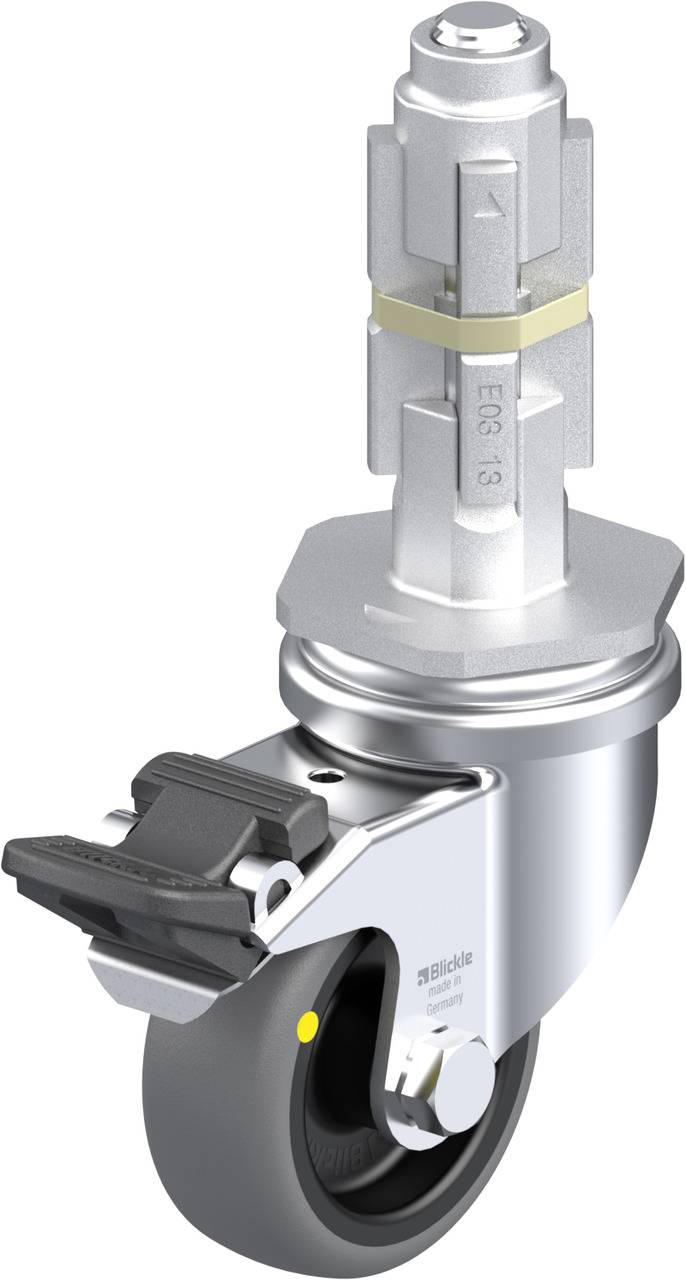 Eine robuste, drehbare Lenkrolle mit Metallgehäuse und gummiertem Rad. Oben befindet sich ein zylindrischer Metallstift zur Befestigung.