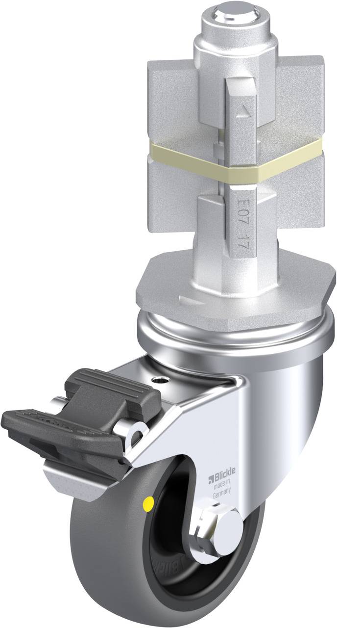 Schwenkrolle mit Feststellbremse, silbernes Gehäuse, schwarzes Rad.  Ideal für Möbel oder Geräte, die leicht beweglich sein sollen.
