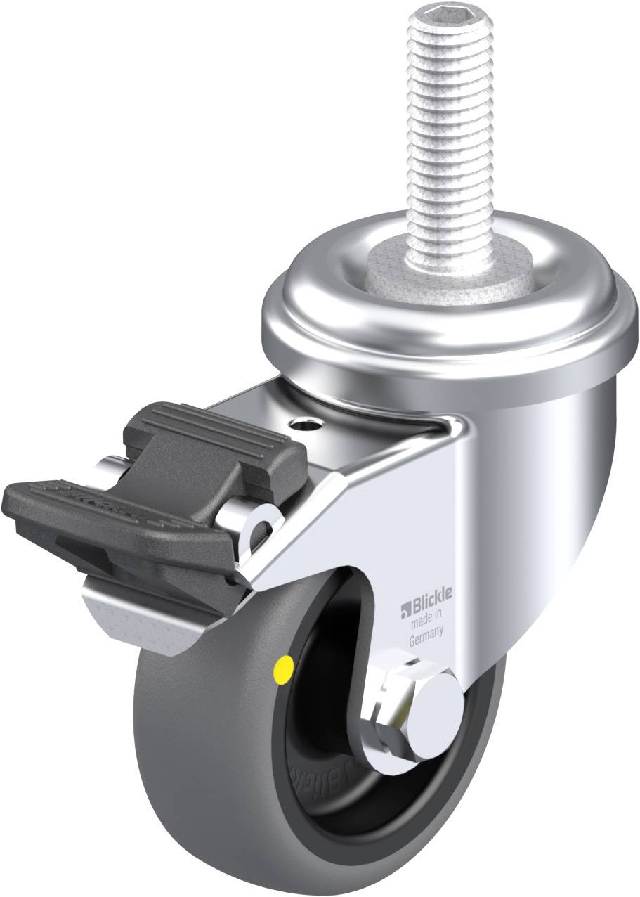 Metallrolle mit Gewindestift und Feststellbremse, geeignet für Möbel oder Geräte. Mattes Metallfinish und schwarze Lauffläche.
