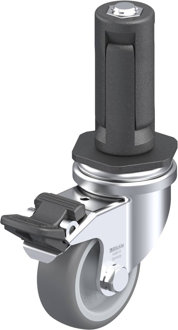 Ein Lenkrad mit Bremse, silbernes Gehäuse und schwarzer Griff.