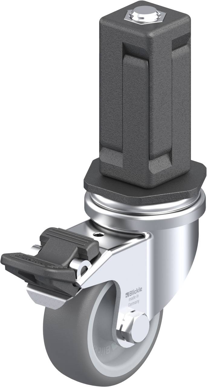 Lenkrolle mit grauem Rad, schwarzer Befestigung und silbernem Gehäuse. Geeignet für den Einsatz in Industriegeräten.