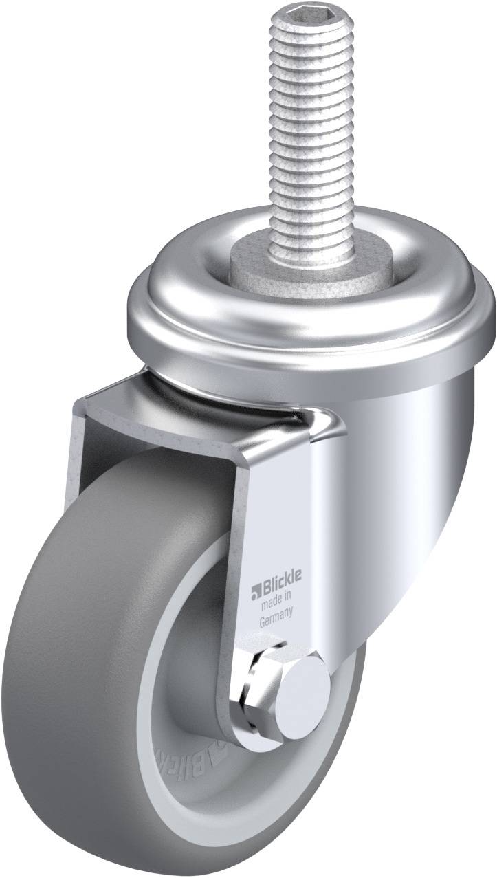 Schwenkrolle mit grauem Rad und Gewindestift; langlebig und für glatte Oberflächen geeignet; Herstellername auf Metallgehäuse sichtbar.