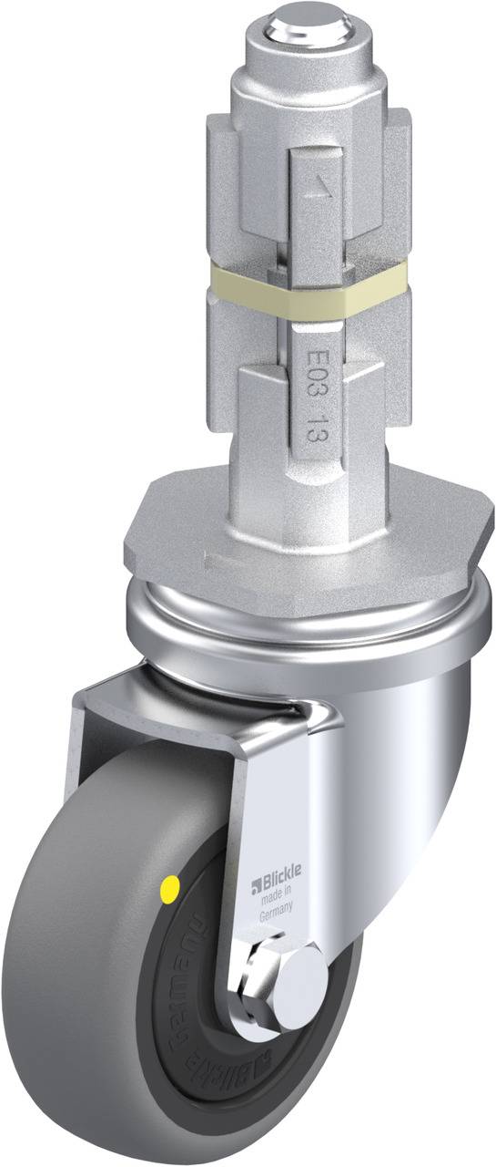 Industrie-Lenkrolle mit grauem Gummi-Rad und silbernem Metallgehäuse, geeignet für schwere Lasten.
