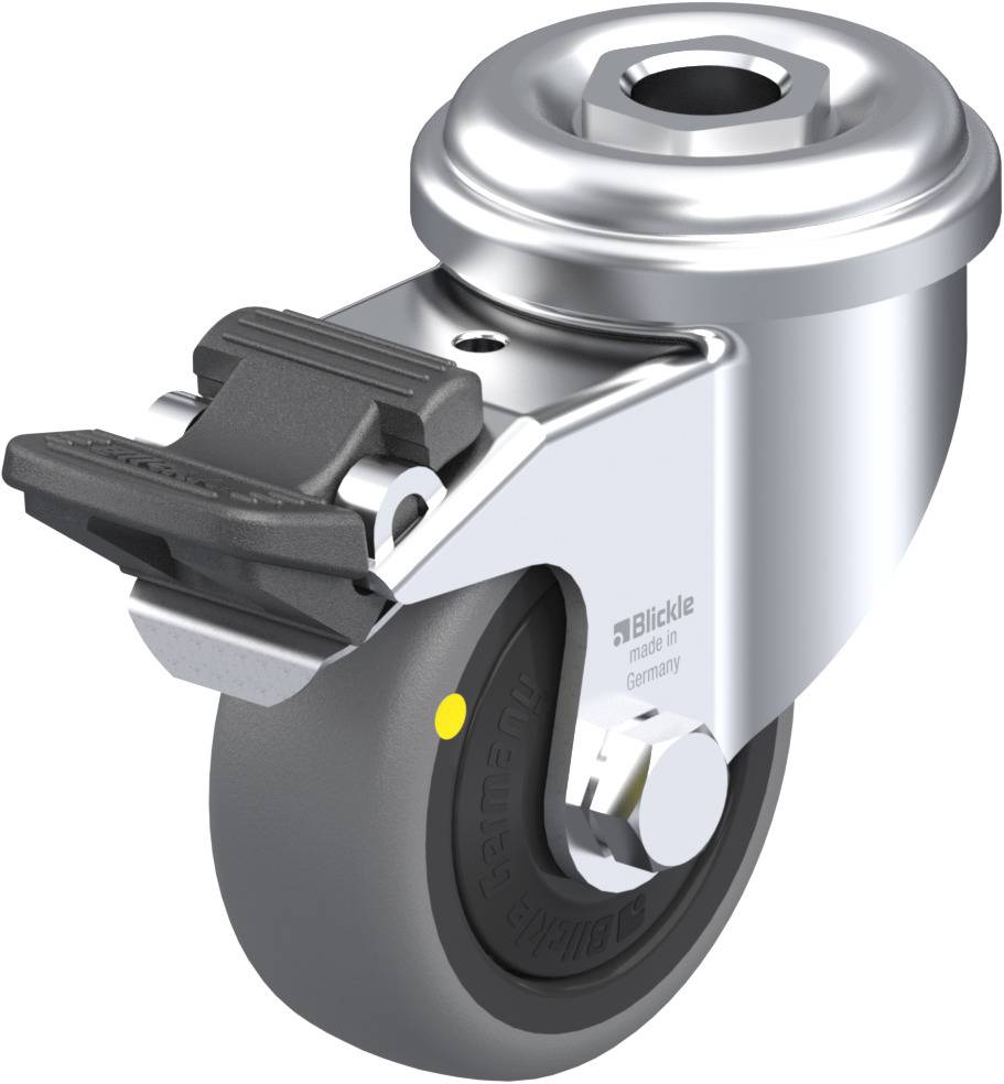 Graue Laufrolle mit schwarzem Bremsclip und silbernem Gehäuse, in Deutschland hergestellt.