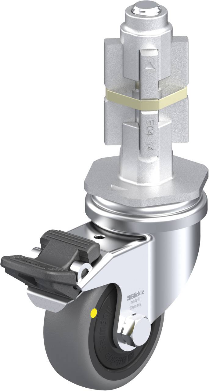 Einzelne industrielle Lenkrolle mit Bremse und Metallgehäuse, geeignet für schwere Lasten.