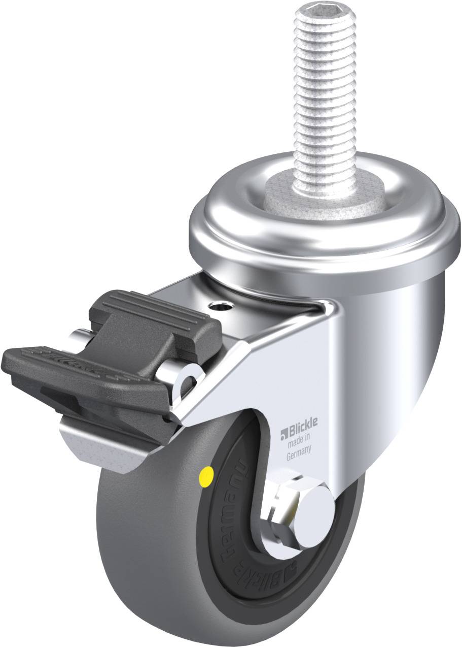 Rollenrolle mit schwarzem Rad, silbernem Gehäuse und Gewindebolzen, ausgestattet mit einer schwarzen Bremse.