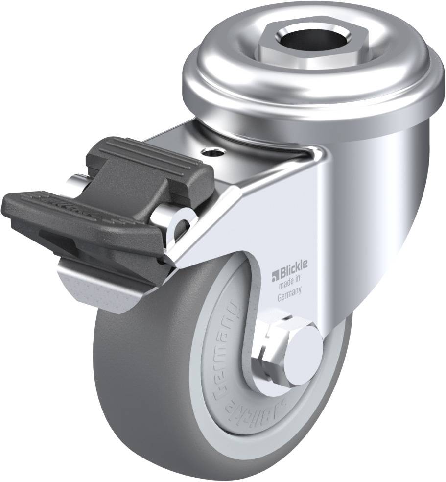 Montierbare Rolle mit grauem Rad und silbernem Gehäuse, ausgestattet mit einer Bremse. Geeignet für industrielle Anwendungen.