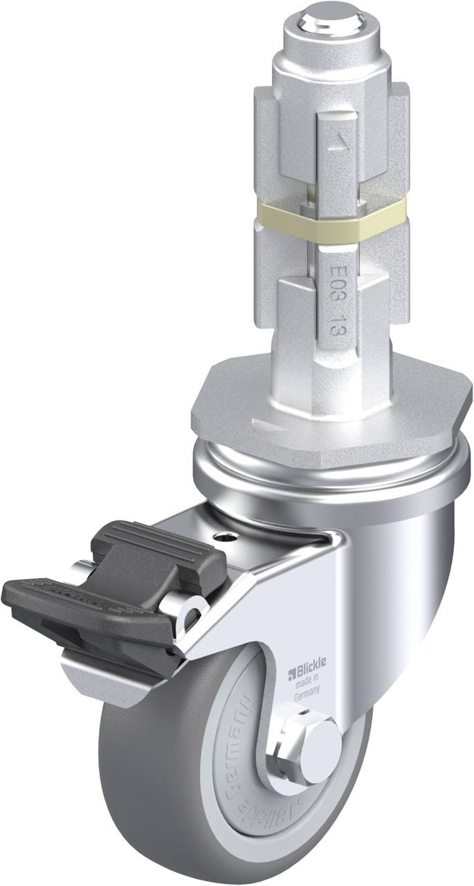 Eine drehbare Rolle mit Bremse aus Metall und Kunststoff, die für Möbel oder Geräte geeignet ist. Sie hat eine zentrale Befestigungsachse.