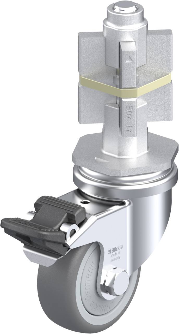 Schwenkbares Rollenrad mit befestigtem Bauteil darüber, verwendbar für Transportwagen.