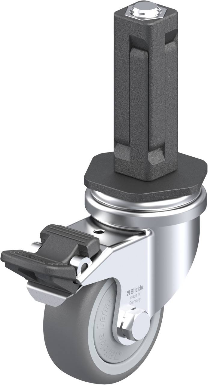 Metallisches Lenkrolle mit Stift und Bremse. Diese Rolle ist für Möbel oder Geräte geeignet, erkennbar durch das robuste Design.