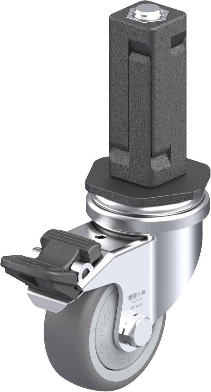 Schwenkrolle mit integrierter Feststellbremse, silberfarben, sechseckiger Aufbau. Verwendet für Möbel oder Transportgeräte zur Mobilität.