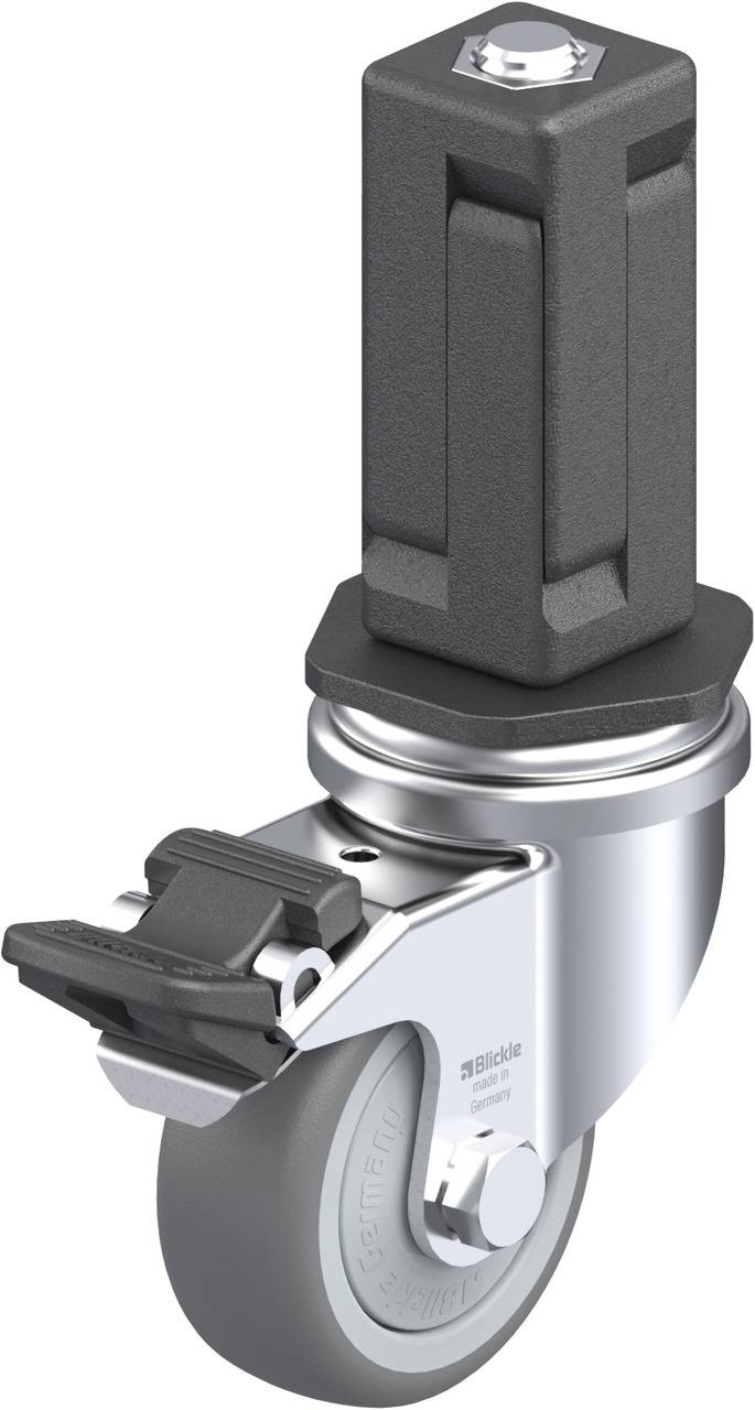 Eine graue Rolle mit einem schwarzen, quadratischen Befestigungselement, geeignet für den Einbau in Möbel oder Geräte zur Mobilität.