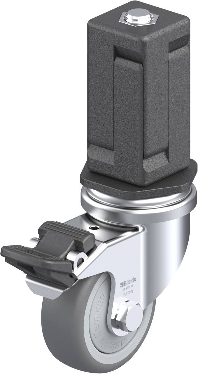 Industrie-Schwenkrolle mit feststellbarer Bremse, robustem Metallgehäuse und grauem Rad, geeignet für schwere Lasten.
