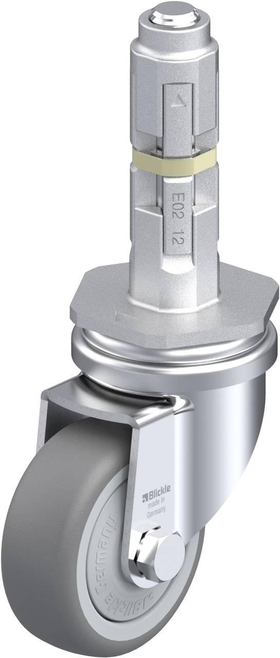 Schwenkrolle mit grauer Gummibereifung und Metallschaft, geeignet für Möbel oder Geräte, zeigt Stabilität und Beweglichkeit.