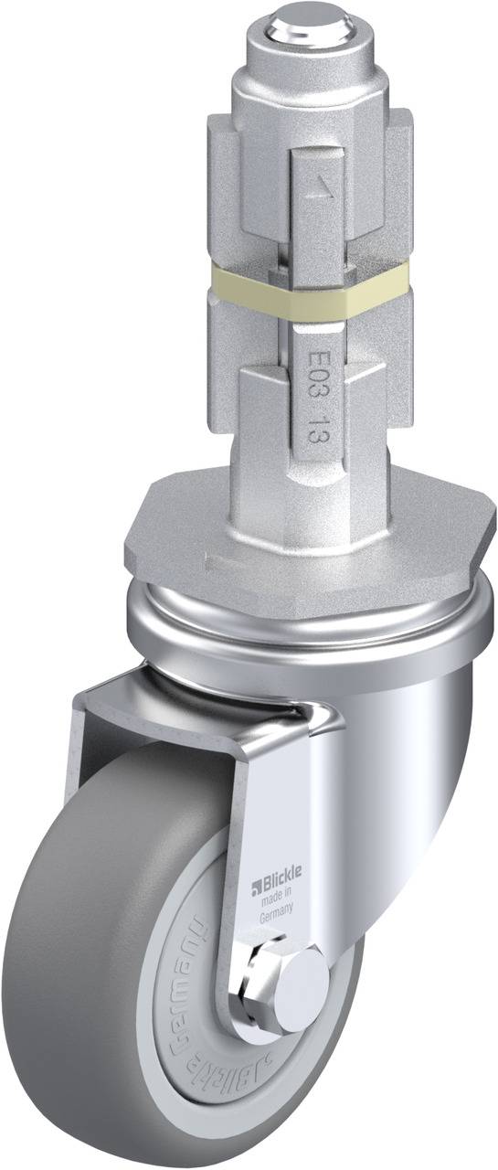 Metall-Lenkrolle mit grauem Rad, speziellem Bolzen und roten und beigen Markierungen an der Seite des Befestigungsstifts.