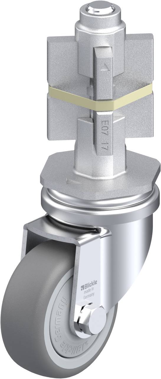 Graue Lenkrolle mit Metallgehäuse und Befestigungsvorrichtung oben. Geeignet für den industriellen Einsatz.