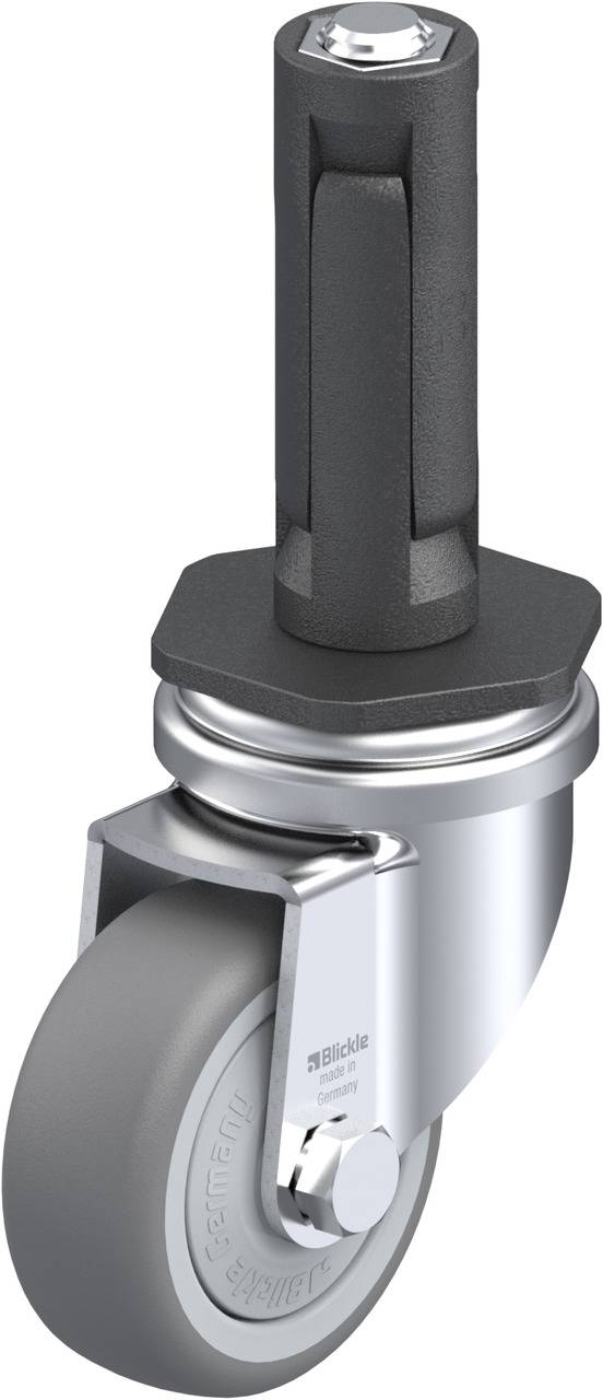 Geträderte Rolle aus Metall und Gummi mit schwarzem Stift zur Befestigung. Geeignet für Möbel oder Geräte, um Mobilität zu ermöglichen.