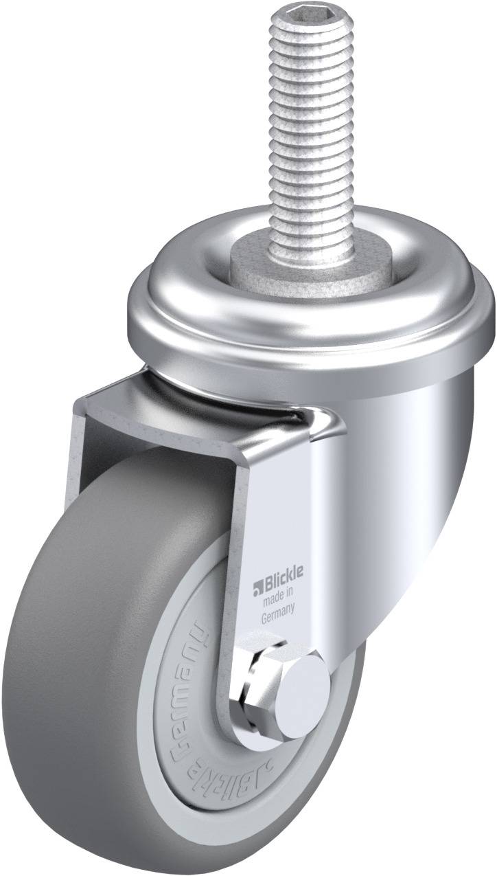 Einzelnes graues Rad mit Metallhalterung für Möbel oder Ausrüstung. Enthält ein drehbares Oberteil und eine Schraube zur Befestigung.