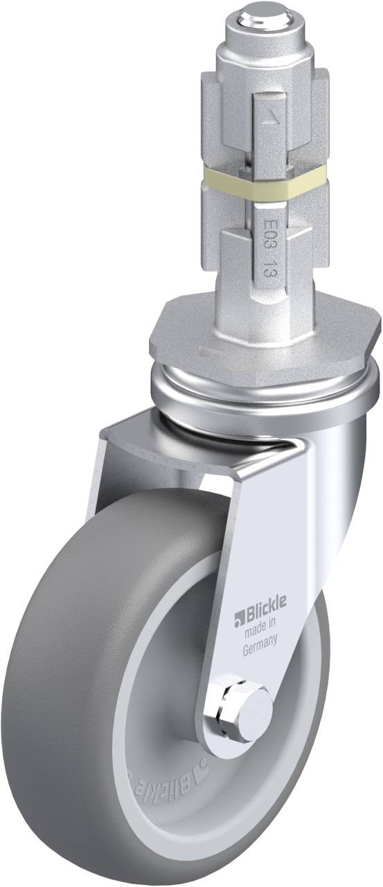 Ein silbernes Lenkrolle mit grauem Rad und Beschriftung 'Blickle, Made in Germany'. Radbefestigung oben sichtbar.