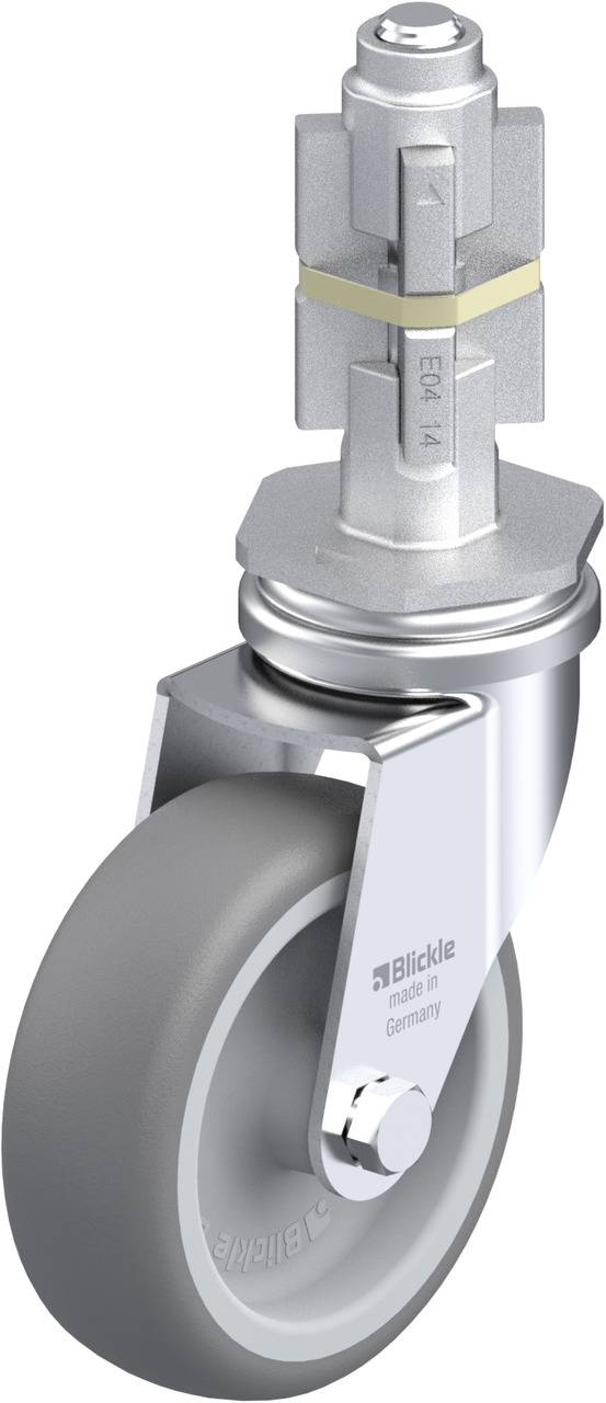 Drehrolle mit grauem Reifen und Metallgehäuse. Oben befindet sich ein Befestigungsstift mit der Aufschrift 'Blickle'.