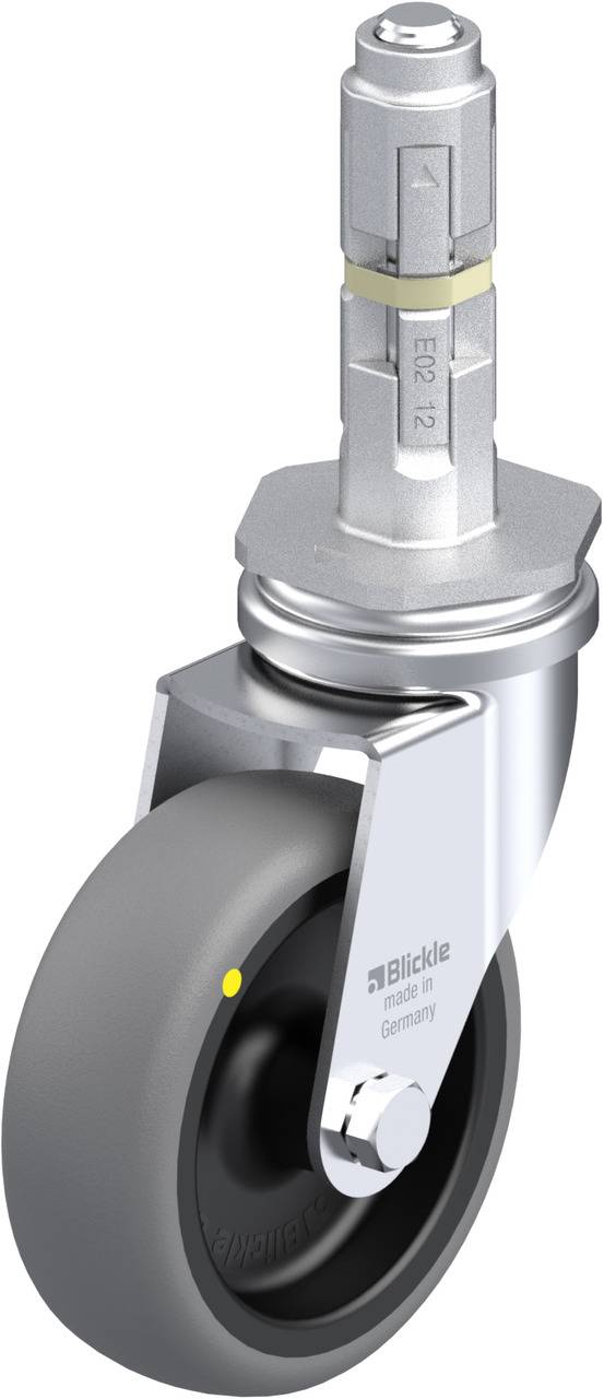 Schwenkrolle mit grauem Rad, silbernem Gehäuse und Befestigungselement oben. Geeignet für industrielle Anwendungen.