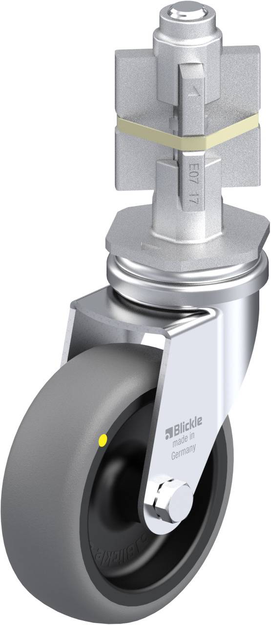 Schwenkrolle aus Metall mit grauem, gummiertem Rad und Halterung, beschriftet mit 'Blickle made in Germany', geeignet für Transportgeräte.