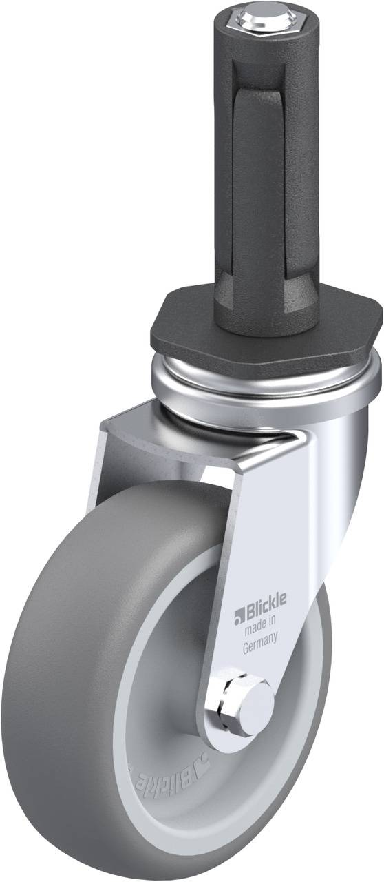 Schwenkrolle mit grauem Rad aus Kunststoff und Metallgehäuse, geeignet für Möbel oder Transportgeräte.
