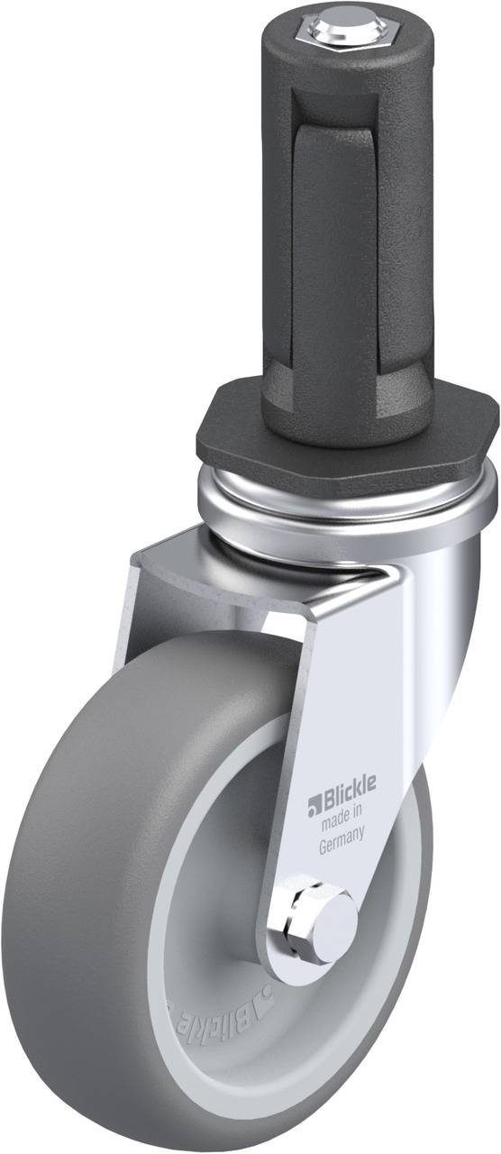 Industrie-Lenkrolle aus Metall mit grauem Rad und schwarzem Befestigungselement. Marke: 'Blickle'.