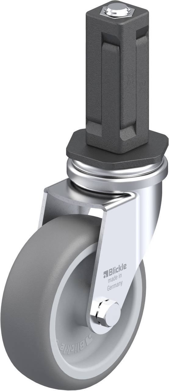 Rollenrad aus Metall mit grauem Rad und sechseckigem Stift, geeignet für Möbel oder Geräte, z.B. Bürostühle oder Wagen.