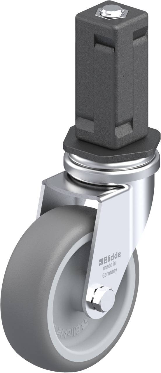 Rolle mit grauem Reifen und silberner Halterung, markiert mit 'Blickle'. Geeignet für Transportwagen oder Möbel, Industrieeinsatz.