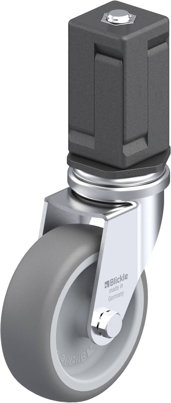 Graue Gummirolle mit Metallhalterung, geeignet für Transportgerätschaften. Markiert mit 'Blickle Made in Germany'.