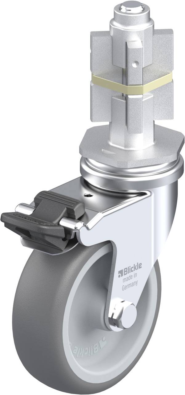 Metallisches Lenkrollenrad mit grauem Gummi. Enthält eine Bremse und einen Drehmechanismus zur Befestigung an Möbeln oder Geräten.