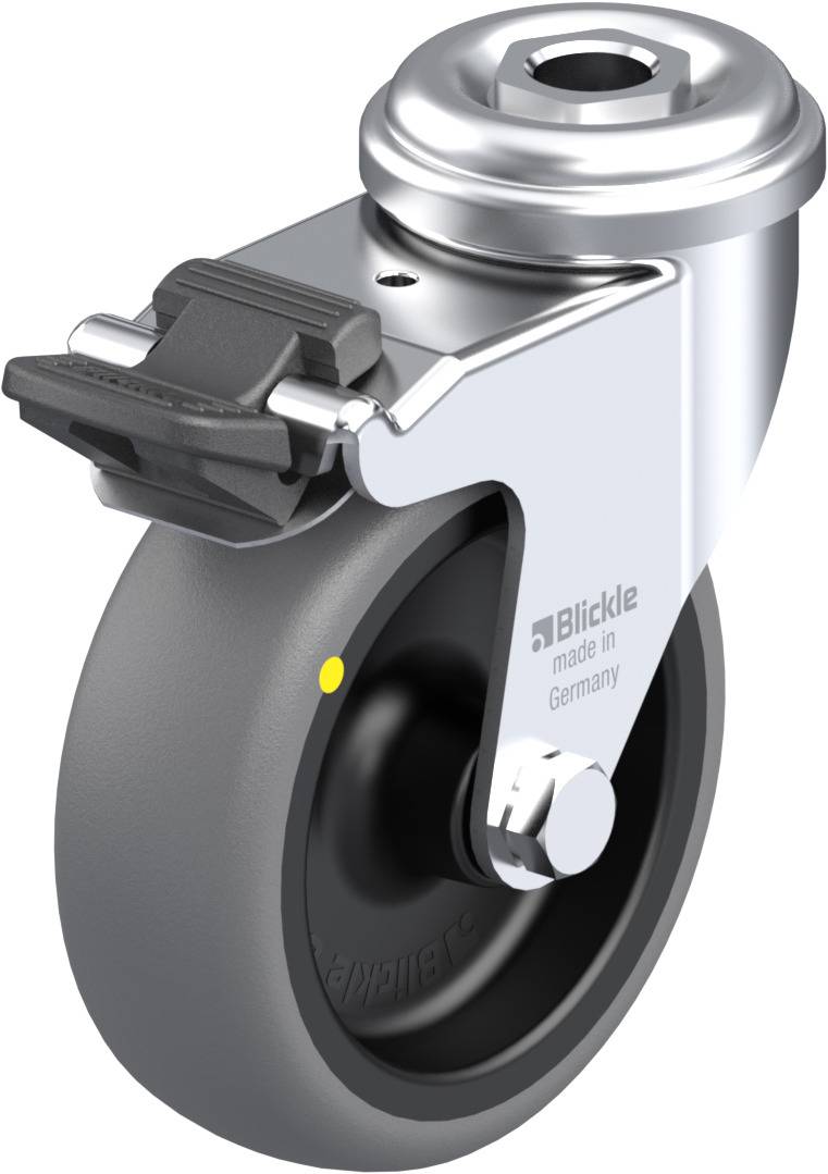 Metallrolle mit grauem Rad und Bremse, hergestellt in Deutschland.