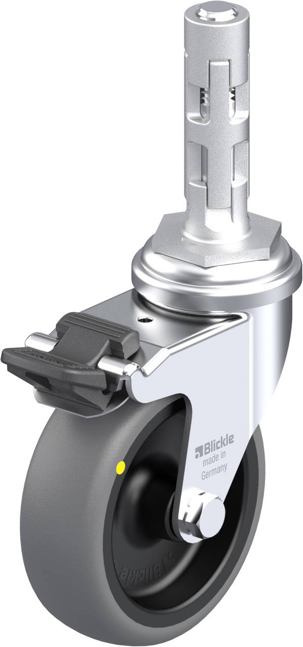 Industrierolle mit Bremse, graues Rad, silberne Halterung, erkennbar durch das 'Blickle' Logo auf der Seite.