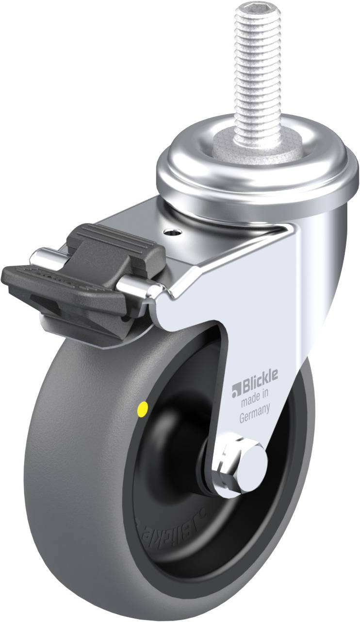 Schwenkrolle aus Metall mit grauem Gummirad, Gewindebolzen und Feststellbremse. Beschriftung 'Blickle made in Germany'.