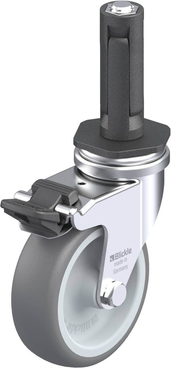 Lenkrolle aus Metall mit grauem Rad, schwarzem Stift und Feststellbremse; geeignet für Möbel oder Geräte.