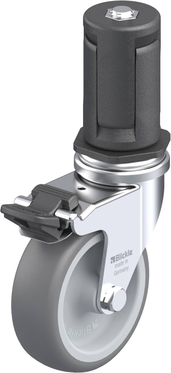 Industrie-Bockrolle mit schwarzer Lauffläche. Doppelsperre oben, silbernes Gehäuse, und schwarzer Halter oben.