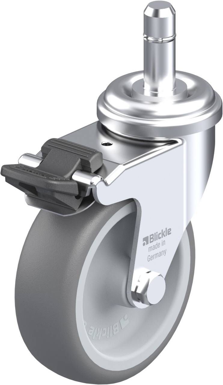 Graue Lenkrolle mit Metallgehäuse und schwarzer Bremse, 'Blickle made in Germany' steht darauf. Eignet sich für Möbel oder Transportgeräte.