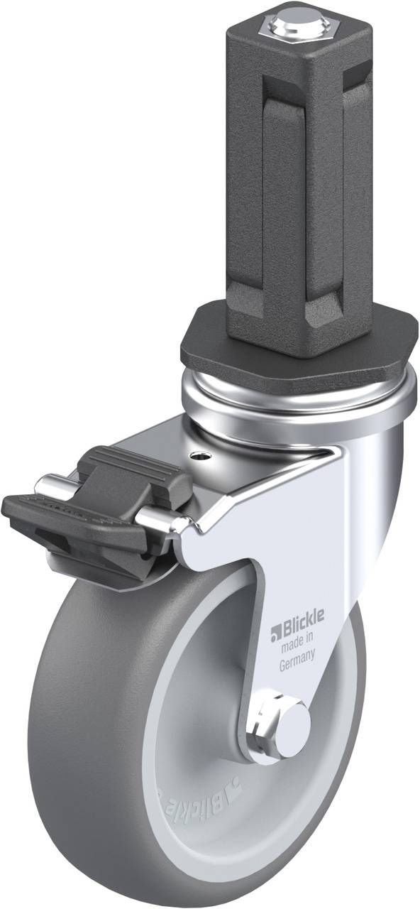 Industrierollenrad mit grauem Reifen und schwarzer Aufnahme für Möbel oder Maschinen, inklusive Feststeller und Metallgehäuse.