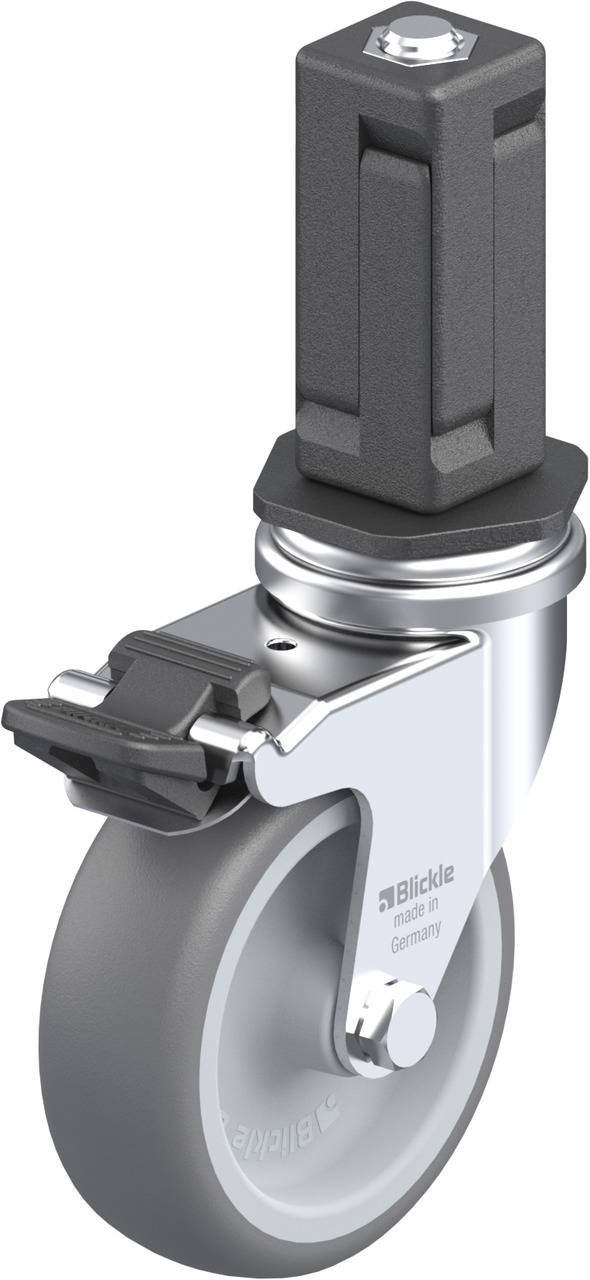 Industrielles Schwenkrad mit grauem Rad, dunklem Gehäuse und Bremse, geeignet für vielseitige Anwendungen in Fabriken und Werkstätten.