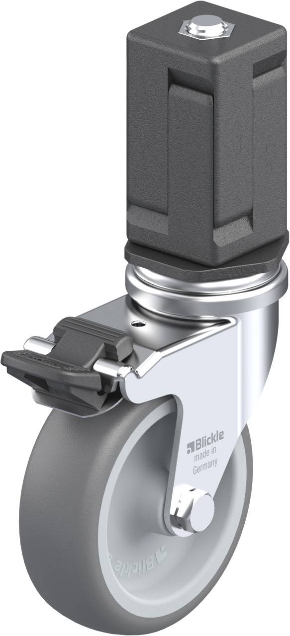 Schwenkrolle aus Metall mit grauem Gummirad und rechteckiger Halterung; bremst, verstellbar, industriell genutzt.