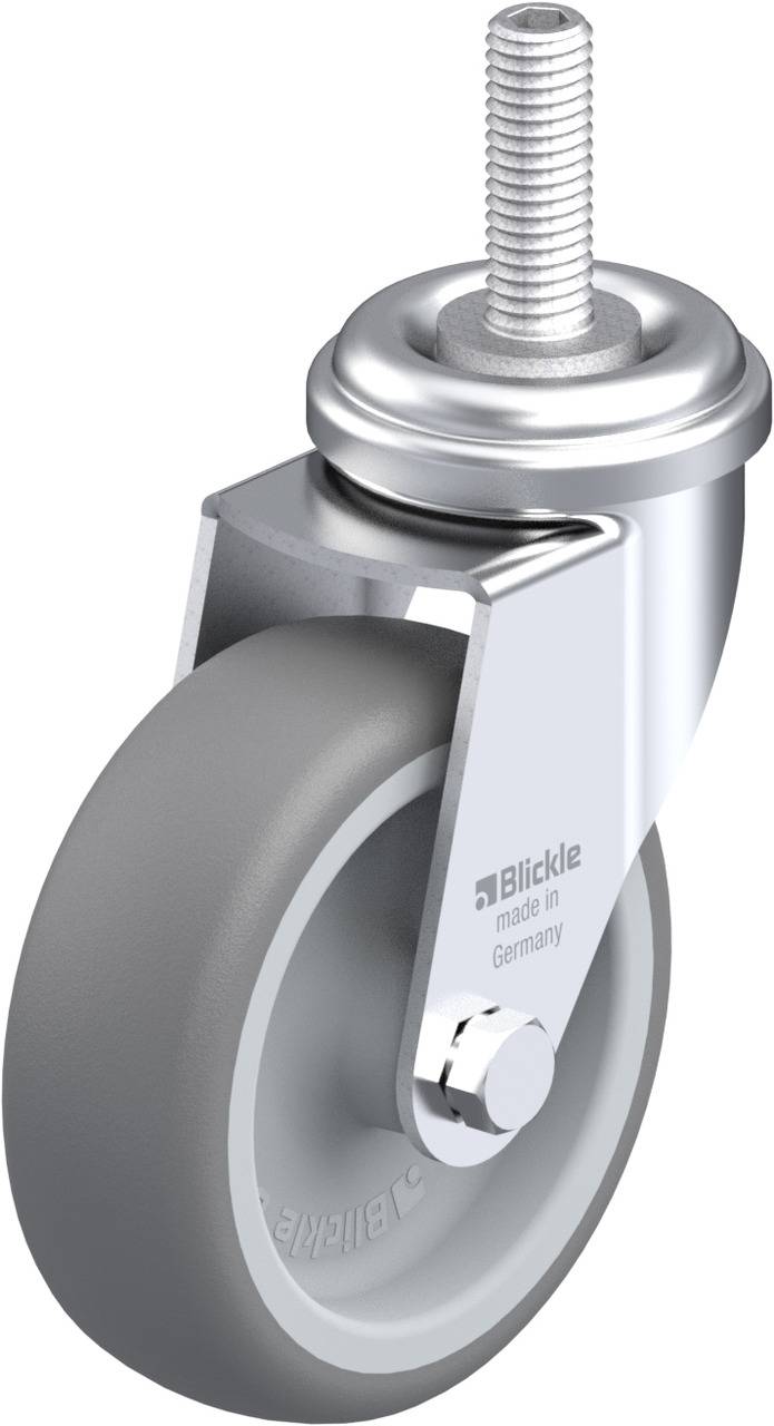 Industrie-Lenkrolle mit grauem Rad und silbernem Gehäuse; Schraubenbefestigung oben.