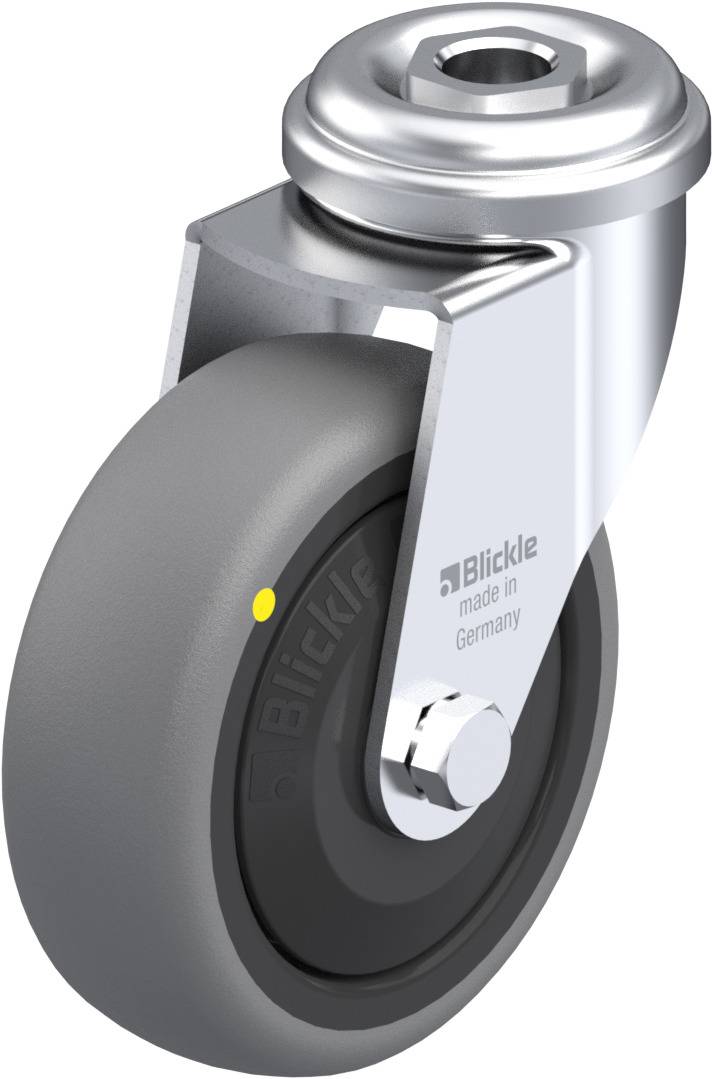 Graue Bockrolle mit stabilem Metallgehäuse und Bolzen. Auf der Radseite befindet sich der Schriftzug 'Blickle made in Germany'.