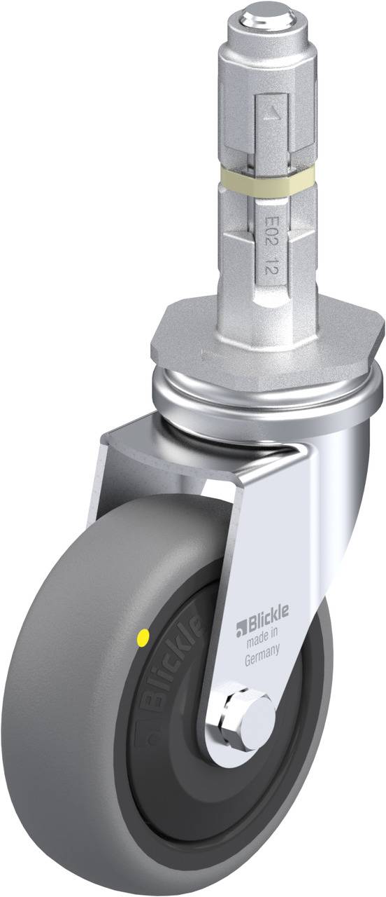 Grau-schwarzes Laufrollenrad mit Metallgehäuse, vertikaler Achse und Beschriftung 'Blickle Made in Germany'.