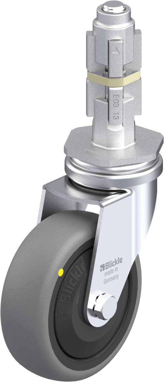 Graue Lenkrolle mit festem Metallgehäuse und schwarzem Raddetail. Geeignet für den Einsatz an Transportwagen oder Möbeln.