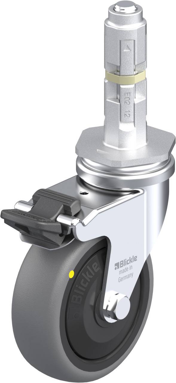 Drehbares Rad mit grauer Gummibereifung und Metallgehäuse. Es besitzt eine Bremse, geeignet für Maschinen oder Möbel.