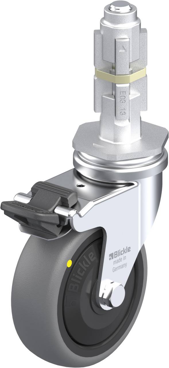 Ein silbernes Lenkrolle mit schwarzem Rad. Die Rolle hat eine Bremse und einen robusten Metallstift für die Befestigung an Möbeln.