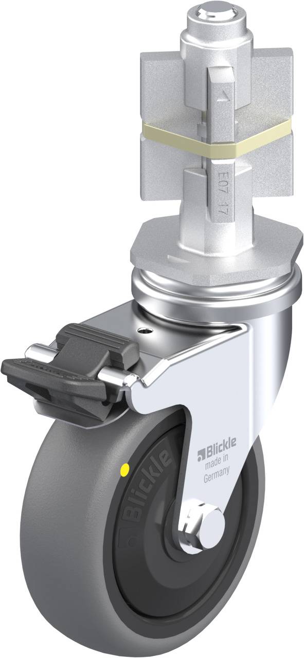 Industrie-Lenkrolle mit Bremse und Stahlgehäuse, geeignet für schwere Lasten. Rollenachse in silber, Rad aus grauem Kunststoff.