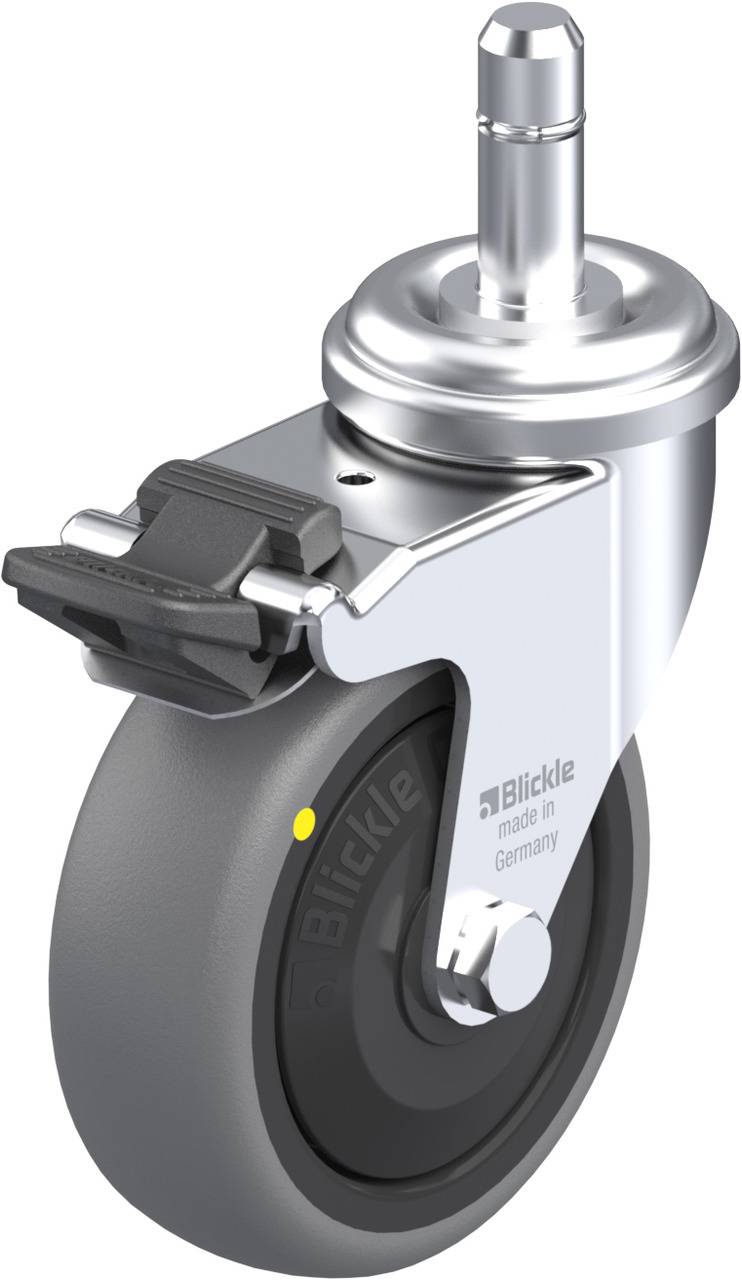 Lenkrolle aus Metall mit grauem Rad und schwarzer Bremse, Aufschrift 'Blickle made in Germany'.